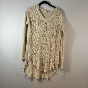 Altar'd Altered State‎ Beige Cable Knit Tunic Sweater Raw Hem Women S Boho Chic
